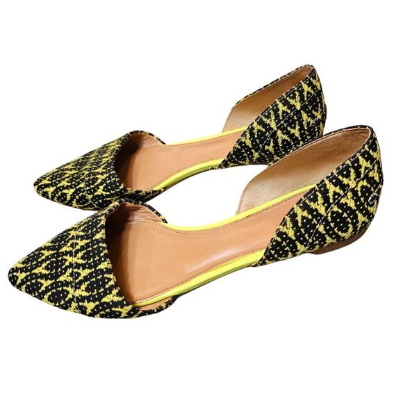 J CREW ZOE Black & Yellow Tapestry d'Orsay flats Women’s Size 7.5 Neon Neutral - Picture 1 of 11